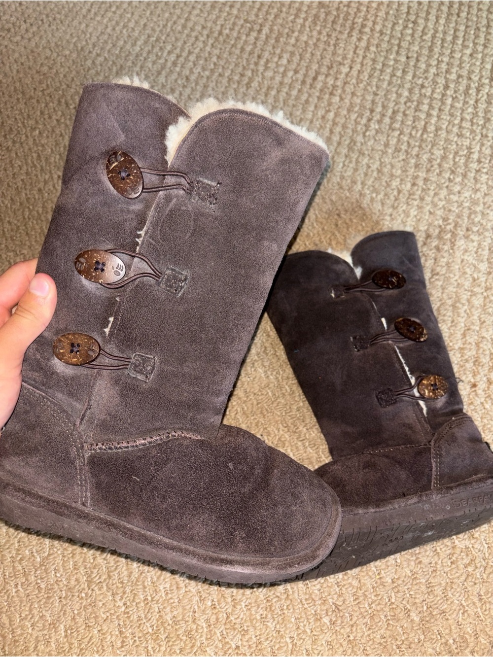 BearPaw Gray Suede Button-Front Shearling Boots